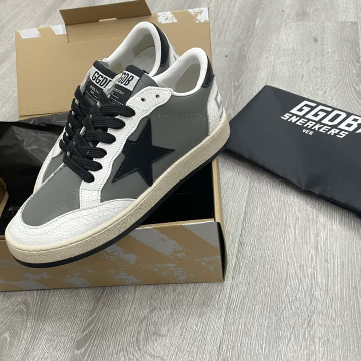 Golden Goose Ball Star Distressed Sneakers – 2023 Spring Collection in Grey Patchwork Black Star