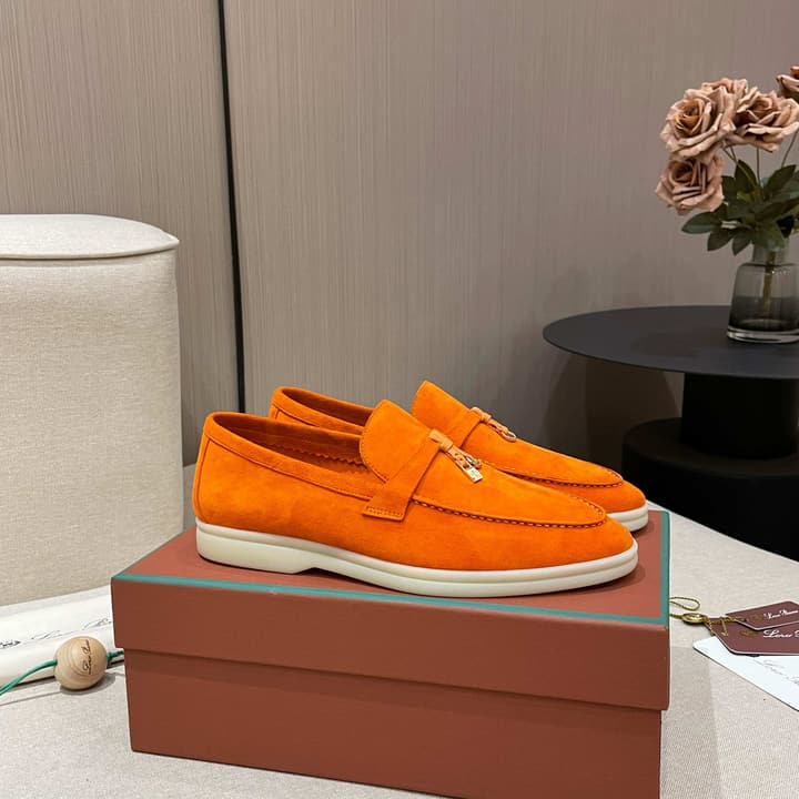 Loro Piana Summer Charms Walk Moccasin Loafers in Bright Orange Leather