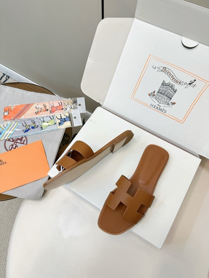Hermès Fashion Palm-Grain H Slides in Brown