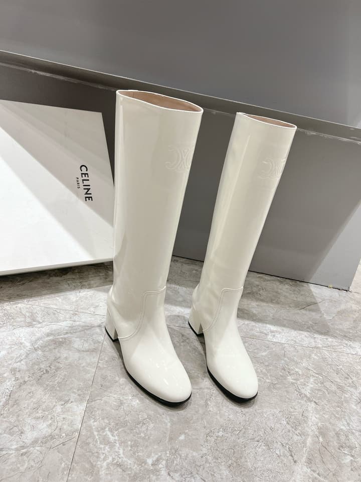 Celine Retro Chunky Heel Knee-High Boots – 24FW in Cream White
