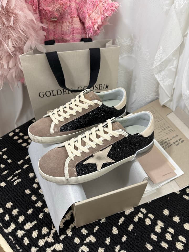 Golden Goose Super Star Rhinestone Leather Sneakers in Grey Suede Black Leather White Star