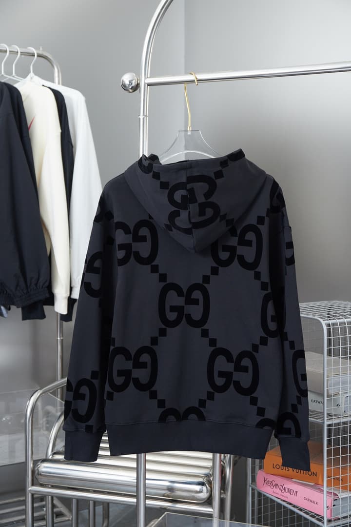 Gucci Classic Double G Flocked Hoodie in Black Flocked Logo Hoodie