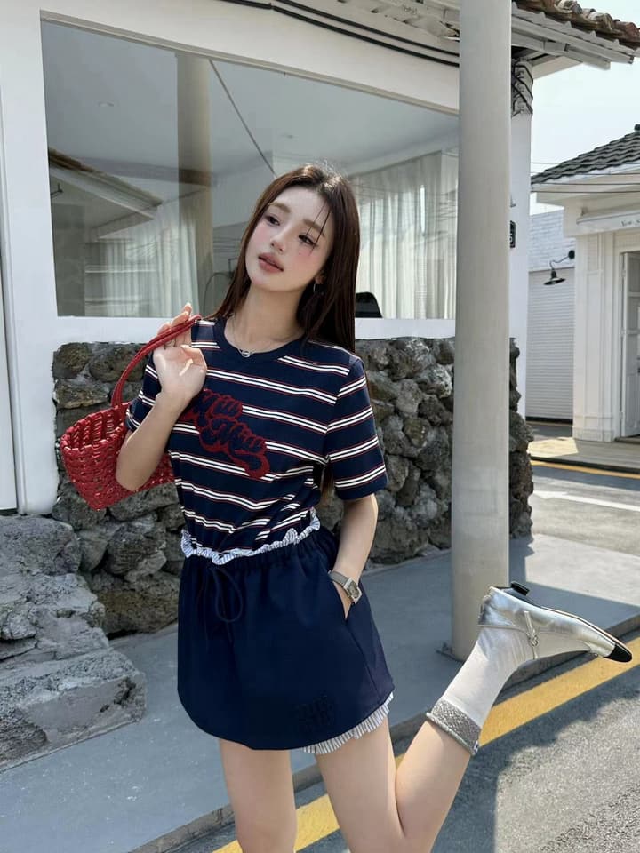 Miu Miu Embroidered Striped T-Shirt in Cream Striped