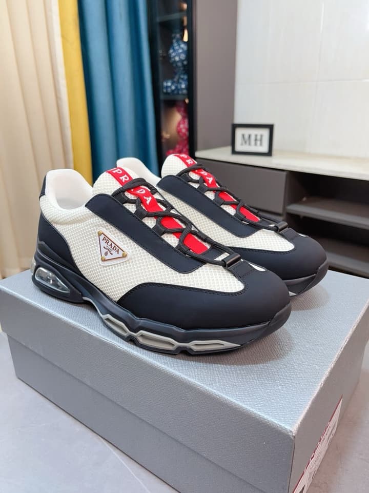 Prada Men's Air Cushion Sneakers in Cream And Black Panel