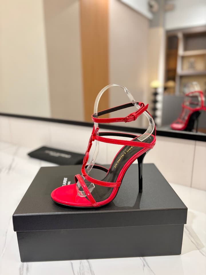 Saint Laurent YSL Logo Mirror Leather Heeled Sandals in Black With Black Logo