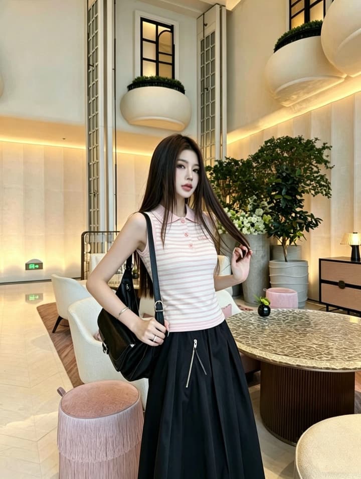 Miu Miu Striped Polo Collar Knit Vest in Pink