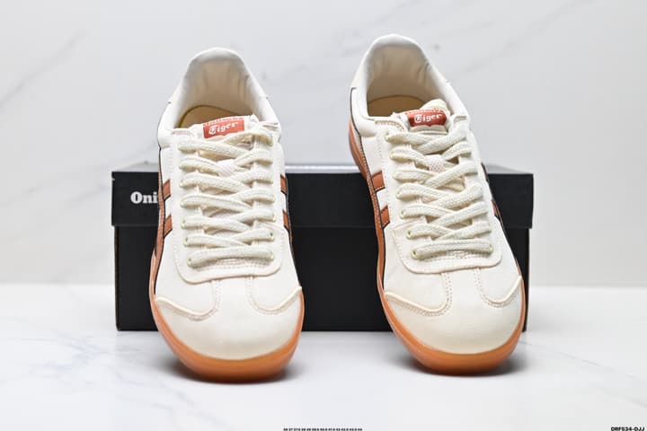 Asics Onitsuka Tiger Tokuten Retro Sneakers in Cream With Brown Stripes And Gum Sole