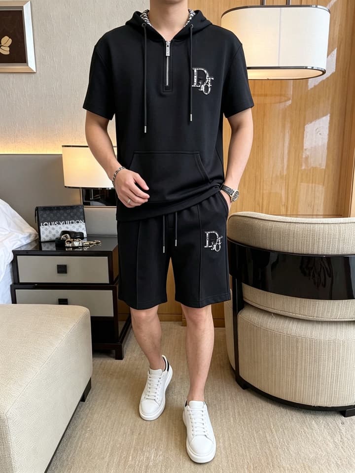 Dior Classic Air Layer T-Shirt and Shorts Set – 2026 Summer Collection in Black Crewneck Oblique Stripe