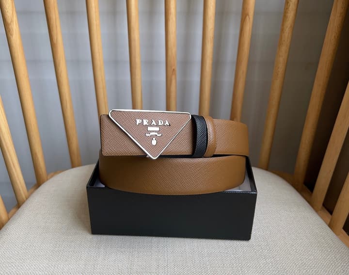 Prada Triangle Logo Buckle Belt in Classic Camel Leather