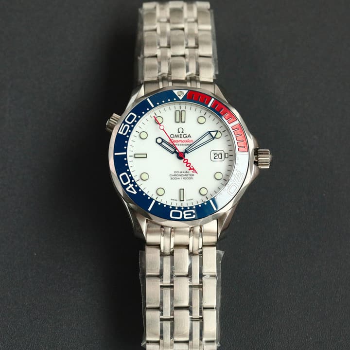 Omega Seamaster 300 Dive Watch in White Dial Blue Red Bezel