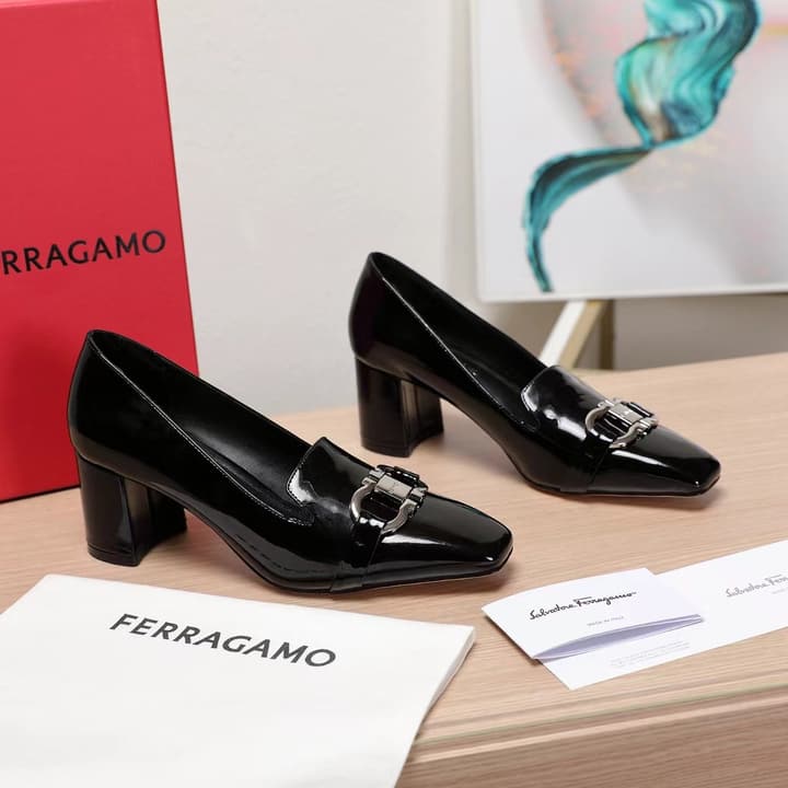 Ferragamo Classic Square Toe Pumps in Black Patent Leather