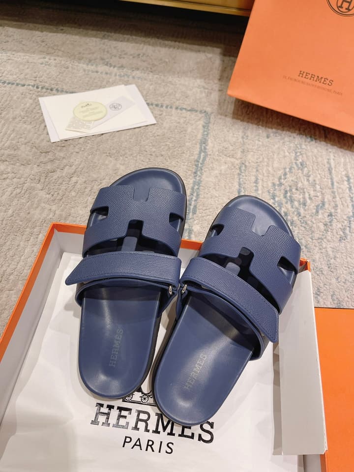 Hermès Chypre Suede Unisex Slides in Black With Dark Blue Strap
