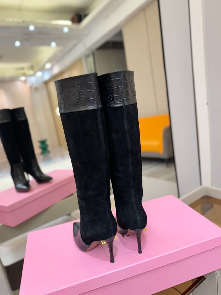 Paris Texas Crocodile Embossed Stiletto Knee-High Boots in Black Suede And Leather