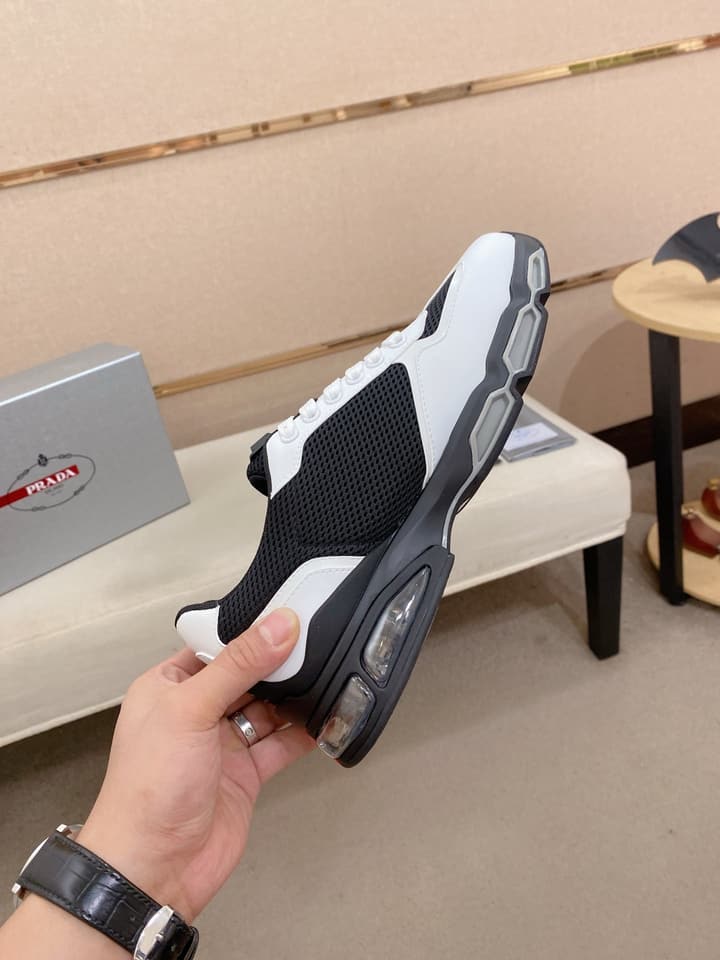 Prada Men's Leather Mesh Sneakers – New Collection in Light Grey With White Logo