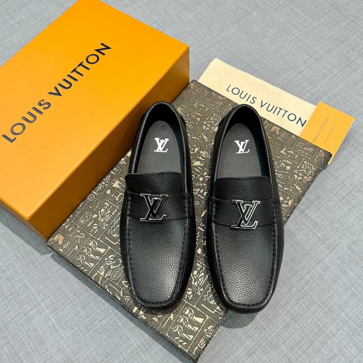 Louis Vuitton Men's Grained Leather Driving Shoes in Dark Gunmetal Hardware