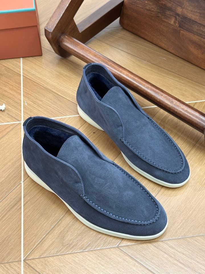 Loro Piana Men's Luxury Fur Boots in Navy Suede