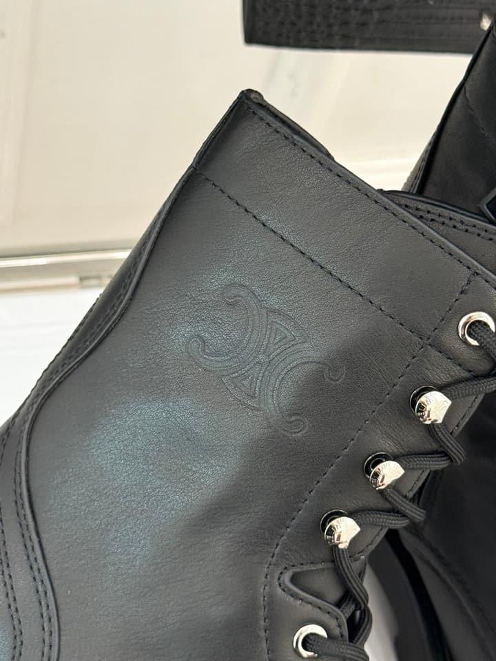 Celine Classic Triomphe Platform Martin Boots in Black Leather
