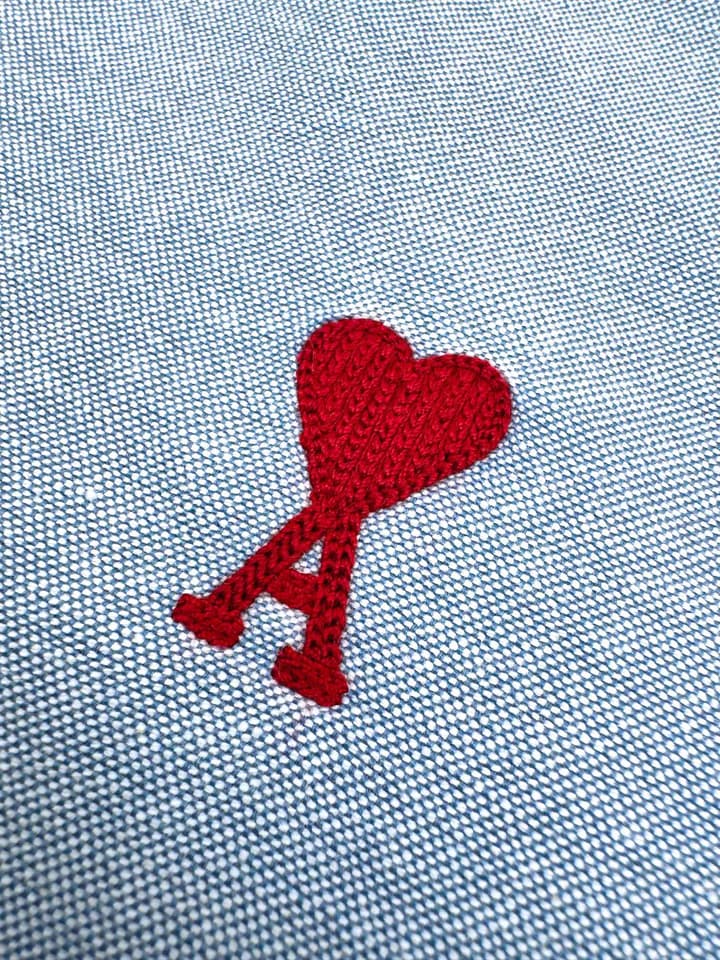 Ami Paris Heart Embroidered Boxy Oxford Shirt in Grey Blue