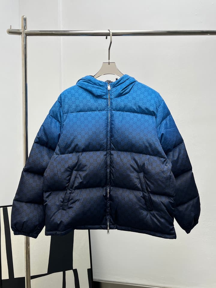 Gucci Jacquard Gradient Hooded Down Jacket in Bright Blue Navy Gradient