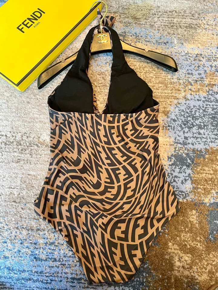 Fendi Versatile Backless One-Piece Swimsuit in Black Halter Plunge