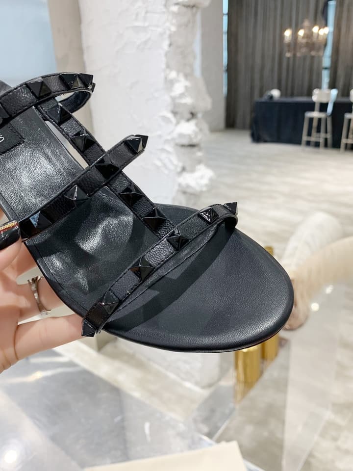 Valentino Rockstud Classic Block Heel Sandals in Nude With Gold Studs