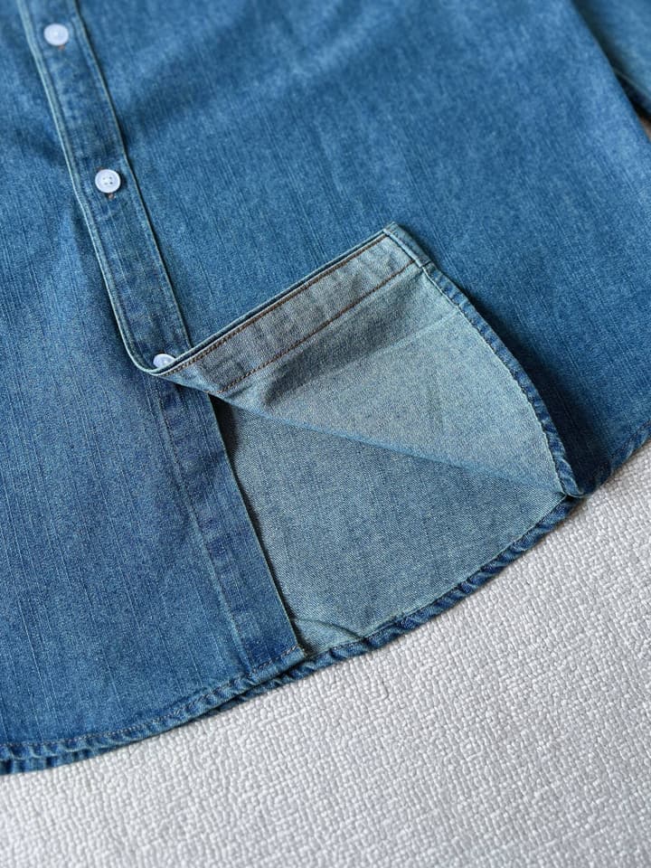 Ralph Lauren Washed Denim Shirt with Embroidered Logo in Dark Wash Denim Flat Lay