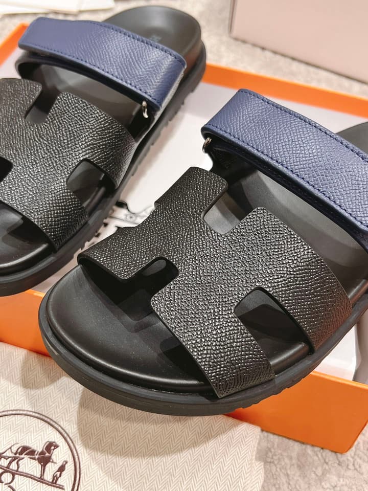 Hermès Chypre Suede Unisex Slides in Black With Dark Blue Strap
