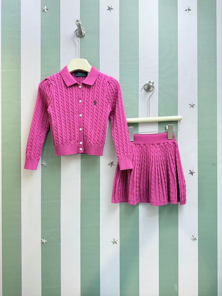 Ralph Lauren Girls' Knit Cardigan and Skirt Set – 2025SS in Fuchsia Pink Set