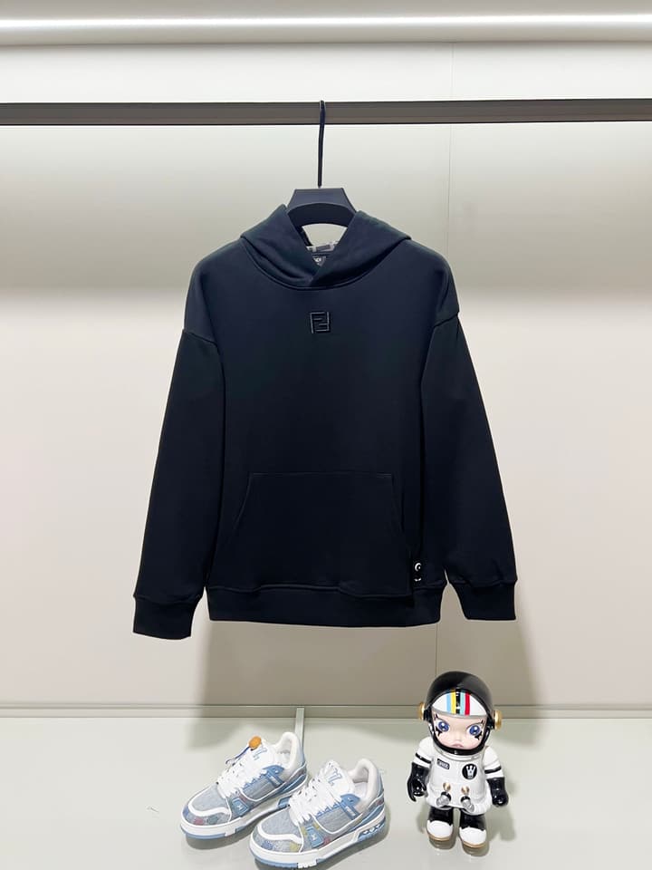 Fendi FF Patch Logo Cotton Hoodie in Black Hooded Sweatshirt
