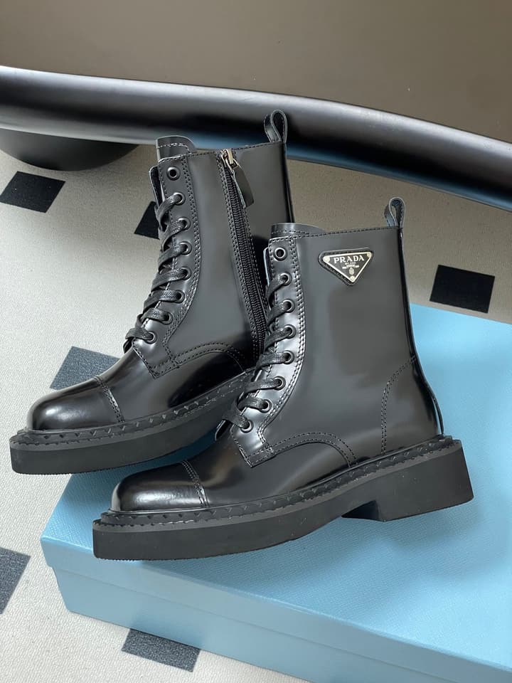 Prada Triangle Logo Combat Boots – 25SS in Black Suede