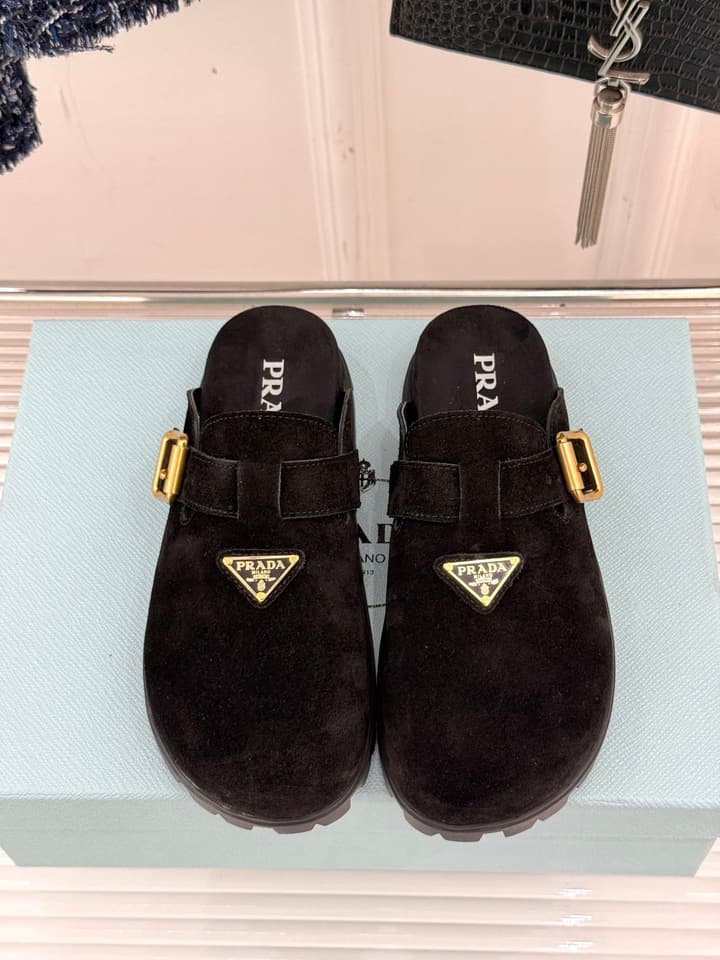 Prada Triangle Logo Birkenstock Slippers – Spring/Summer Collection in Black Suede