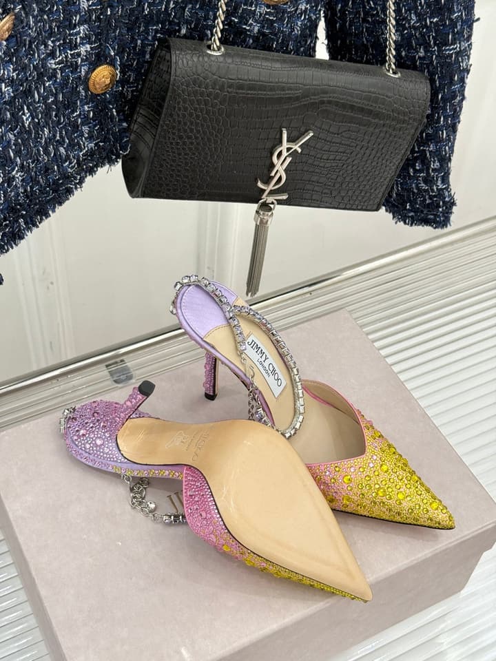 Jimmy Choo Classic Crystal Pointed High-Heeled Sandals in Lavender Yellow Ombre
