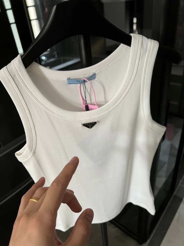 Prada Metal Triangle Logo Ribbed Tank Top – 25SS in Black