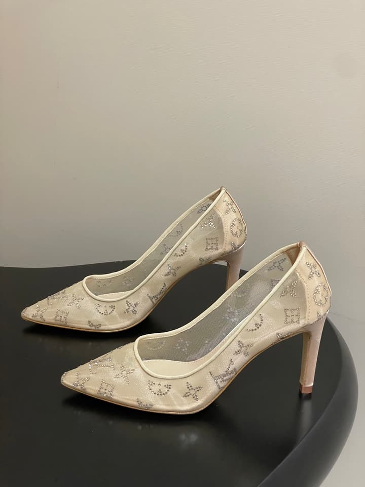 Louis Vuitton Gala Mesh Rhinestone High Heels – 25SS in Beige Monogram Lace