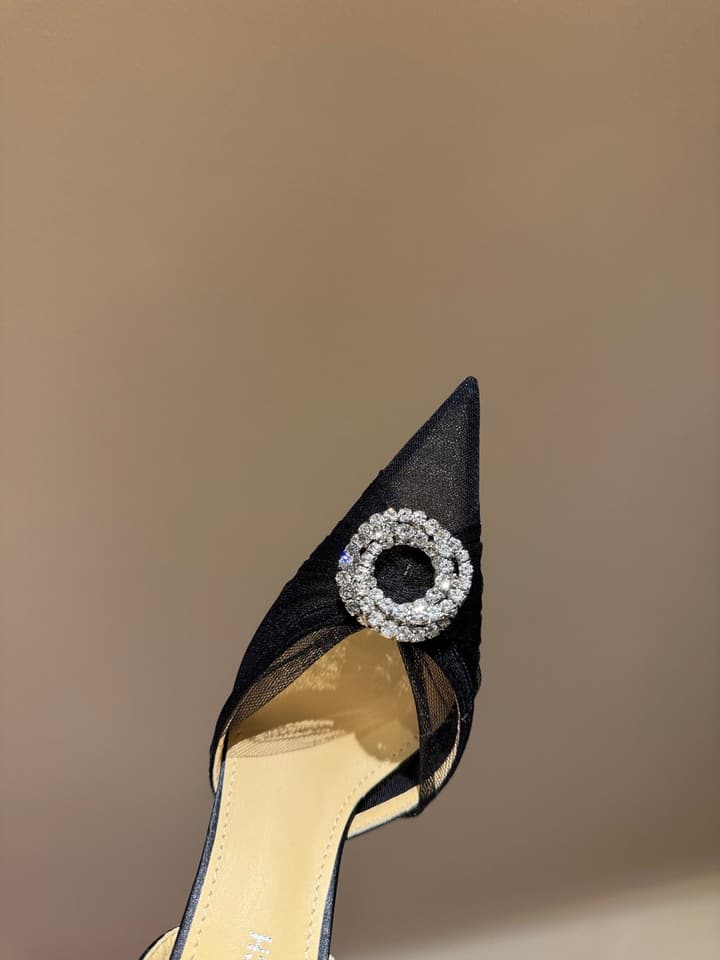 MACH & MACH Rhinestone Lace Heeled Sandals – 2025 Early Spring Collection in Cool Nude Black Cap Toe