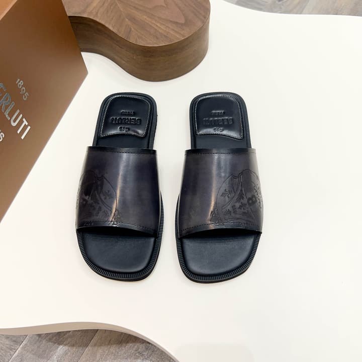 Berluti Hand-Painted Calfskin Slippers in Matte Black