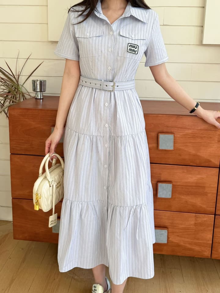 Miu Miu Striped Short-Sleeve Tiered Dress – Spring/Summer Collection in Light Blue