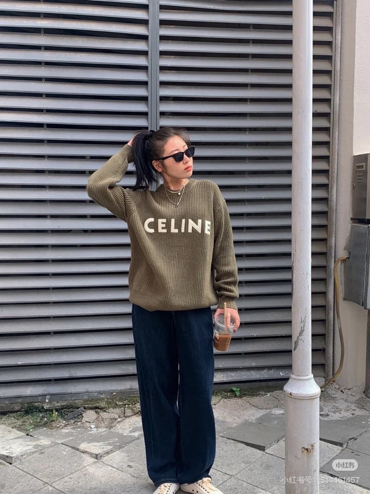 Celine Classic Embroidered Crewneck Sweater in Army Green