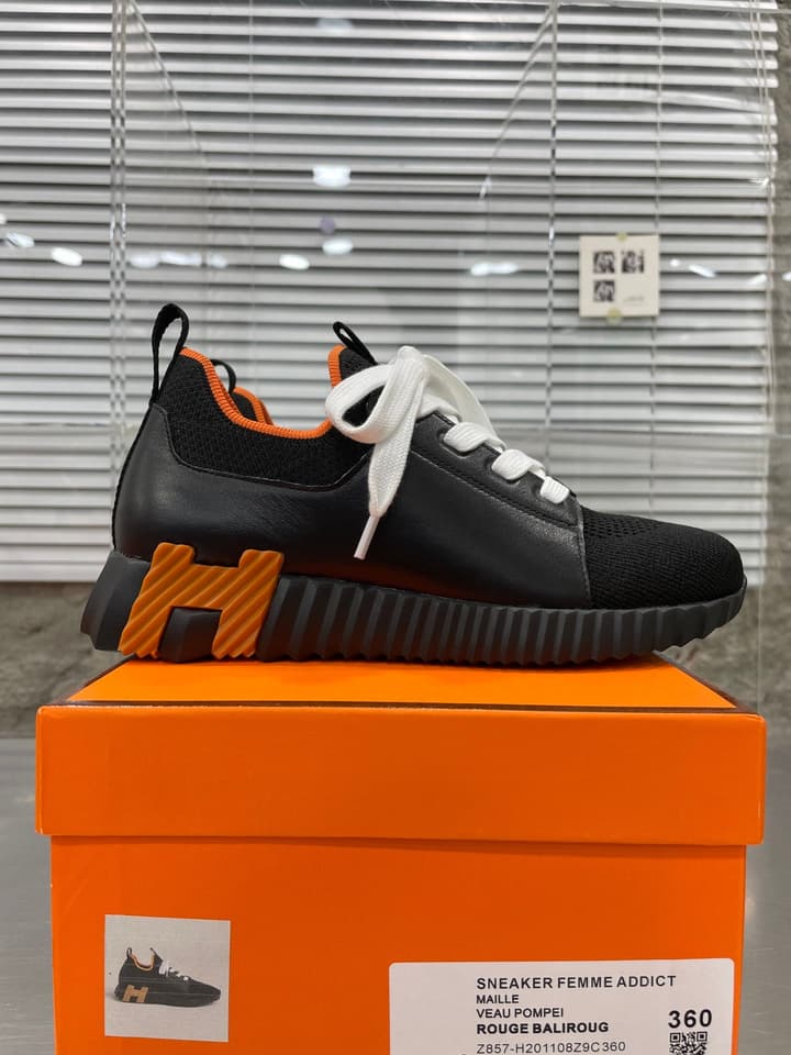 Hermès Sport Sneakers – Iconic Orange Edge in Black Knit With Black Laces