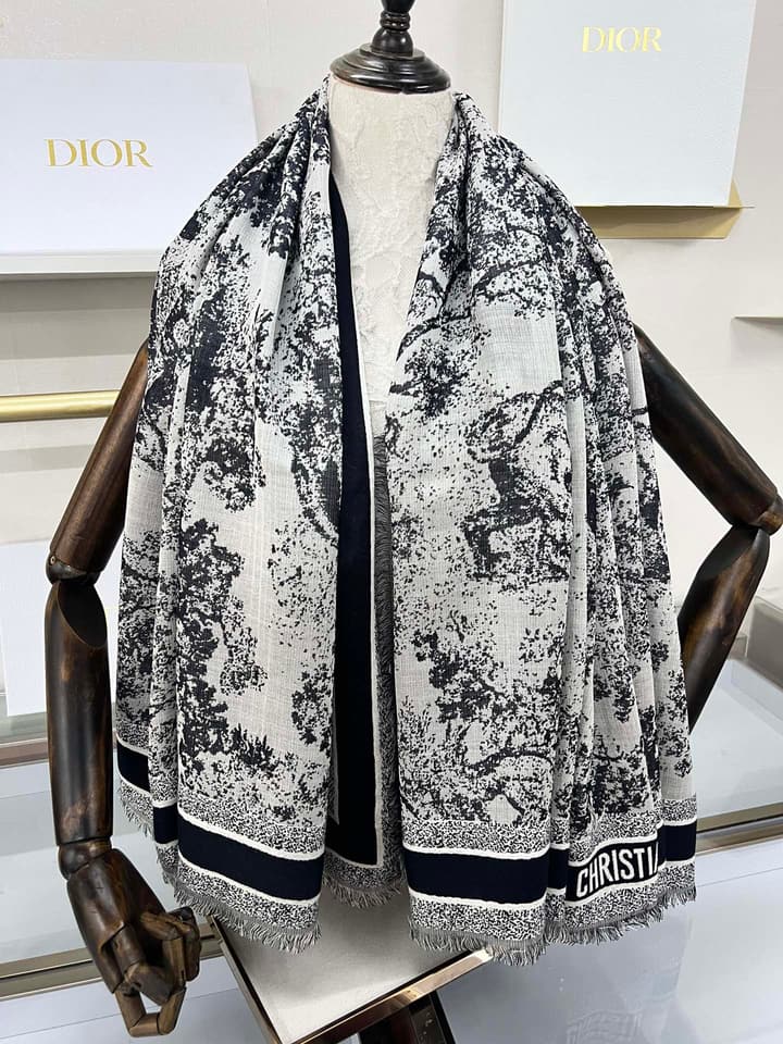 Dior Limited Edition Grey Shawl in Beige Blue Toile