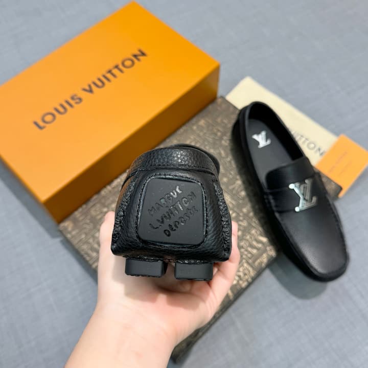Louis Vuitton Men's Grained Leather Driving Shoes in Dark Gunmetal Hardware