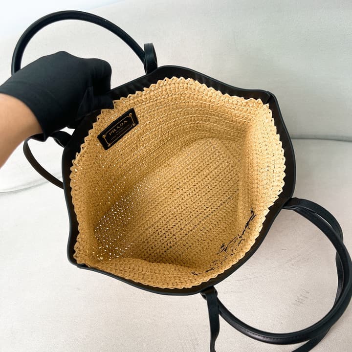 Prada Large Raffia and Leather Tote Bag 1BG499 – Summer Collection in Natural Raffia With Black Leather