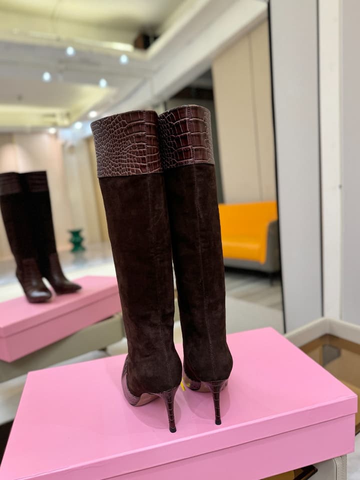 Paris Texas Crocodile Embossed Stiletto Knee-High Boots in Black Suede And Leather