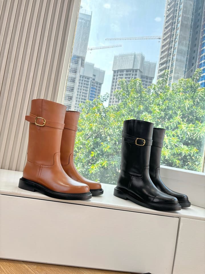 Celine Triomphe Knight Ankle Boots – 2025 Fall/Winter Collection in Black And Brown Leather Display