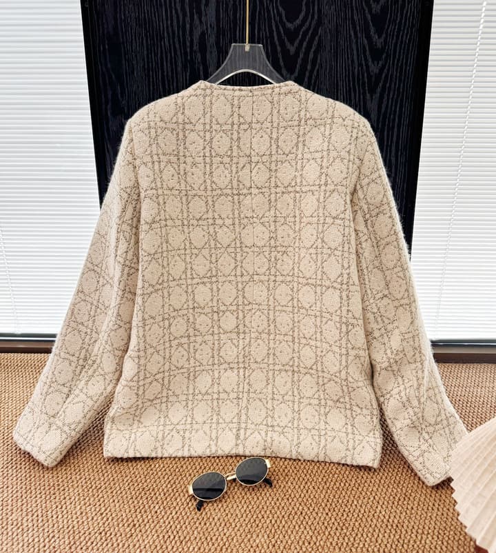 Dior Wealthy Heiress Diamond Quilted Tweed Down Jacket in Beige Tweed Down Jacket