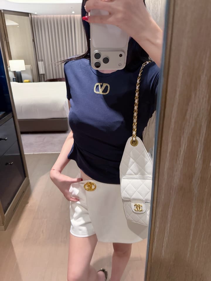 Valentino V-Logo Gold Thread Embroidery T-Shirt in Blue