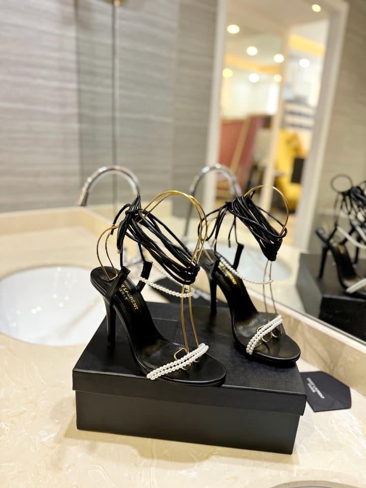 Saint Laurent YSL Pearl Strappy Heeled Sandals in All Black