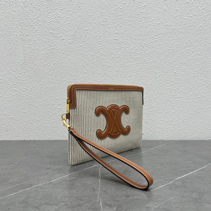 Celine Striped Woven Clutch Bag in Striped Canvas With Brown Logo