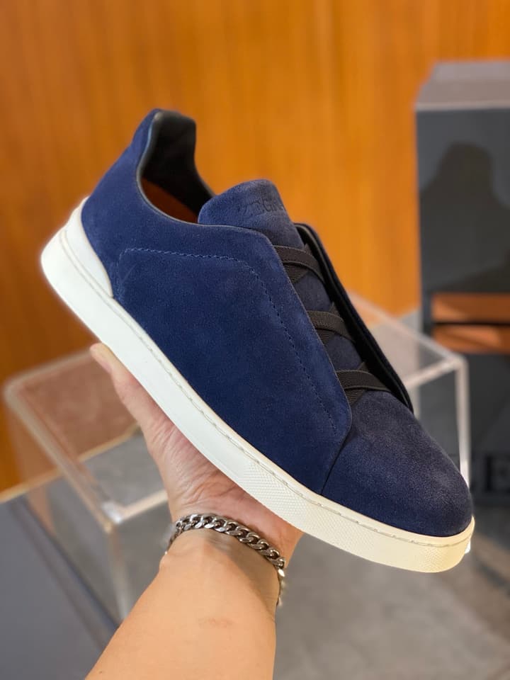 Zegna Triple Stitch Leather Sneakers in Black Smooth Leather
