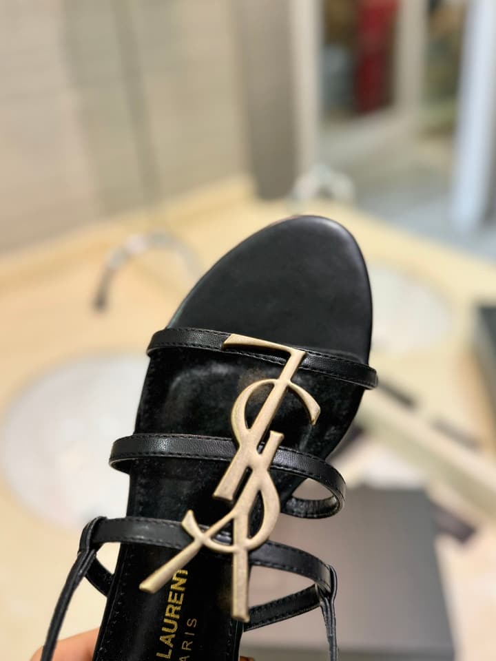 Saint Laurent YSL Metal Logo Heeled Sandals in Matte Black Criss-cross Strap Sandal